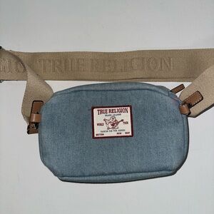True Religion Light Blue Belt Bag with Tan Strap